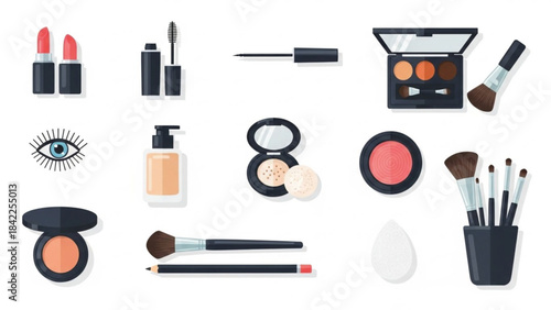 Flat vector illustration of a professional makeup and cosmetics set isolated on white. The collection features various beauty products including red lipstick, mascara, liquid foundation, eyeshadow .