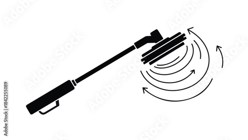 Black icon of electric fan with rotating blades on long pole, adjustable, for cooling and ventilation in home or office setting