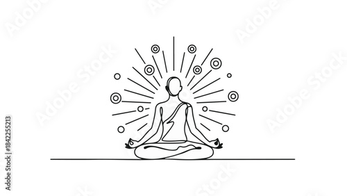 Meditating woman in lotus position with aura and energy lines, symbolizing mindfulness and spiritual wellness in a simple line art style