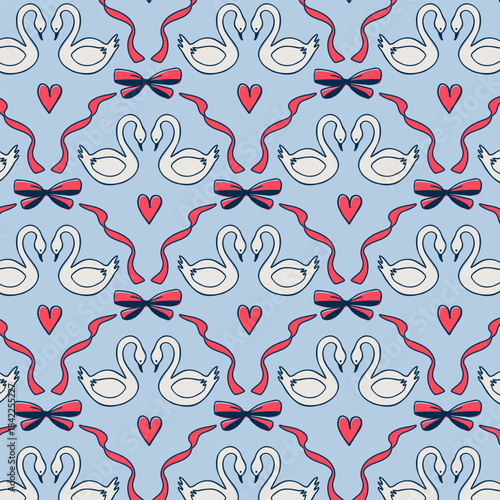 A seamless pattern featuring a pair of white swans, a red ribbon, a bow, and a heart on a blue background is perfect for Valentine's Day or wedding decorations.