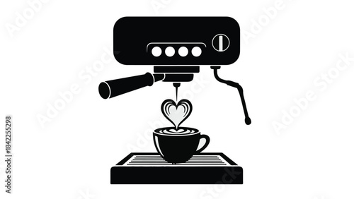 Coffee machine pouring heart shaped coffee into cup, espresso maker with heart design, love coffee concept, morning routine, caffeine, beverage