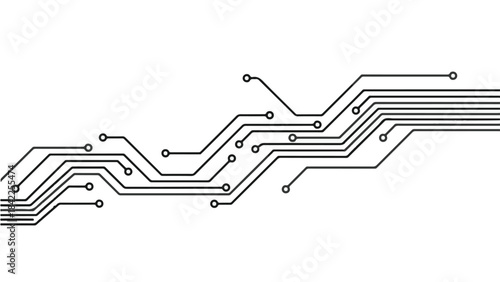 Circuit board design with connected lines and nodes on white background, representing technology and innovation concept