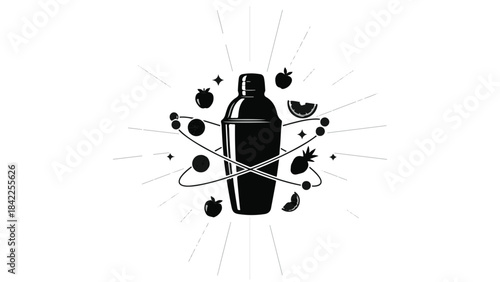 Black silhouette plastic bottle with crossed out symbol surrounded by eco friendly icons and lines on white background for environmental conservation concept