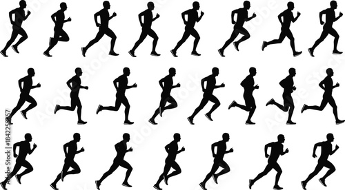 Silhouette sequence of running man illustrating jogging, sprinting, athletic motion, fitness training, exercise movement, sports activity, and dynamic runner poses for design