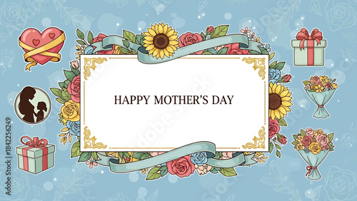 Happy Mother's Day floral and gift decoration with vintage frame and subtle bokeh background