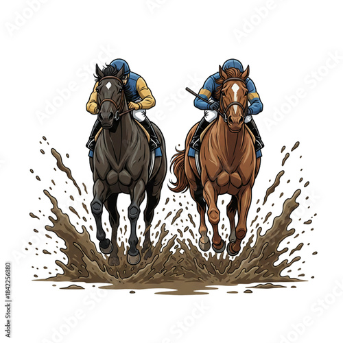 horse racing in a muddy arena, on a white background.