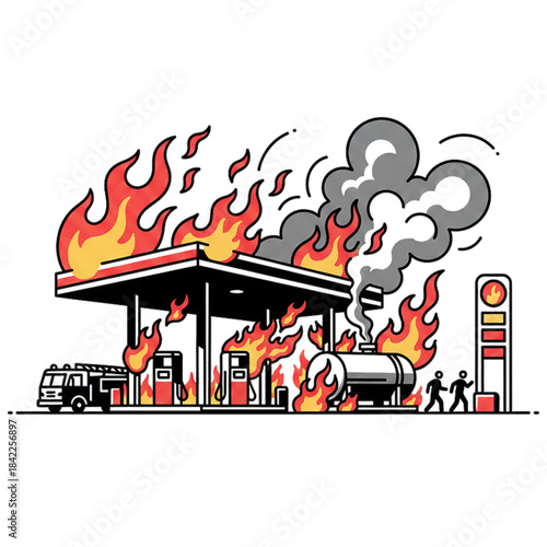 fire at a public transportation fuel station.with a white background.