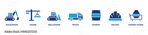 Construction Power Set Icons set vector illustration blue with Excavator, Crane, Bulldozer, Truck, Cement, Helmet, Cement mixer