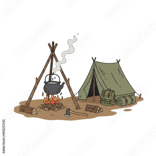 The atmosphere of a camping tent and water being cooked in a kettle hanging above the embers. Isolated on a white background.