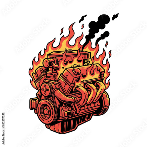 illustration of a burning car engine, isolated on a white background.