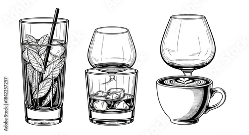 Detailed black and white line art illustration of three different drink setups: a tall cocktail with mint, a spirit on ice with an inverted glass, and a coffee with latte art topped by a snifter.