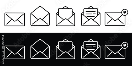 Envelope icon set. newsletter web buttons. close email letter outline vector symbol. flat thin e-mail pictogram on white background. send mail