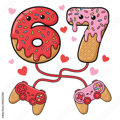 Six Seven Gamer Dessert Illustration – Cute Donut and Ice Cream Valentine Design