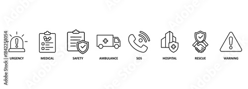 emergency vector banner design concept. emergency kit for evacuation, vector objects set on white background 