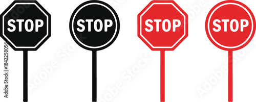 Black and Red Stop Signs on Poles in Octagonal and Circular Shapes stop symbol circle