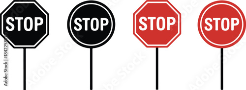 Black and Red Stop Signs on Poles Isolated on White Background traffic road