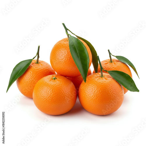 Isolated mandarin oranges with fresh green leaves on a white background