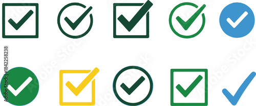 Collection of Green Blue and Yellow Check Mark Icons in Squares and Circles tick approved