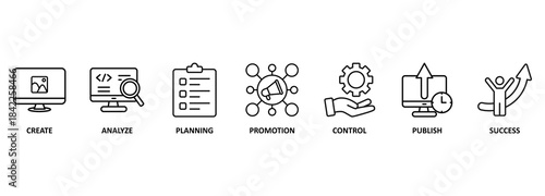 Banner content strategy vector illustration concept with keywords and icons