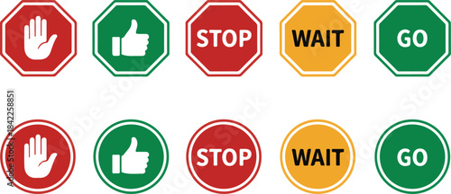 Collection of Stop Wait Go and Hand Signal Icons in Octagon and Circle Shapes stop sign wait sign