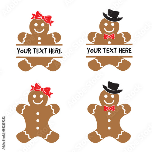 Gingerbread nameplate, Split gingerbread monogram, Baby girl's first Christmas, Gingerbread figure, Family outfit. Isolated Christmas illustration on a white background.