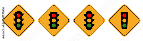 Traffic Light Warning Road Signs Set – Yellow Diamond Stop Signal Vector Icons