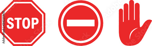 Red stop sign prohibition sign and open palm hand icon on white background Keywords: stop sign, prohibition sign, no entry sign, hand, open palm