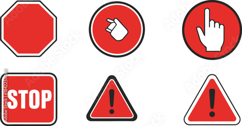 Red Warning and Stop Signs with Hand Gestures and White Background Keywords: stop, warning, danger, caution, prohibition, hand, finger, pointing