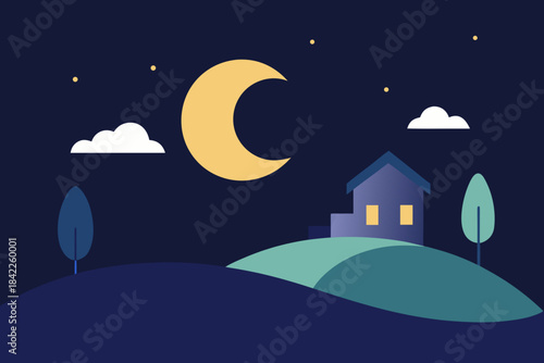Dark winter night silhouette illustration of a house on a hill with a bright moon and stars in the sky