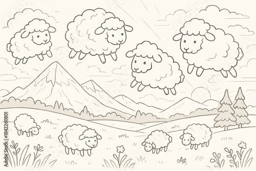 Sheep Wool Clouds. Fantasy landscape where sheep wool clouds drift across pastel sky, first in line style with thin outline,