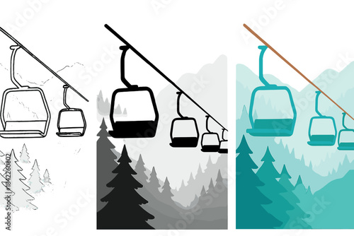 Foggy Alpine Ski Lift. Perspective view of abandoned ski lift line stretching into foggy alpine distance, first in line style with