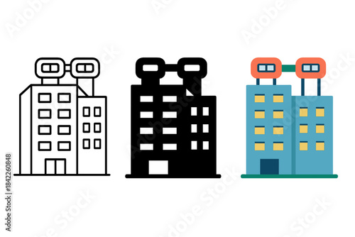 Parasitic Rooftop Pods. Host building, parasitic rooftop pods, sky bridge links, first in line style with thin outline, second in