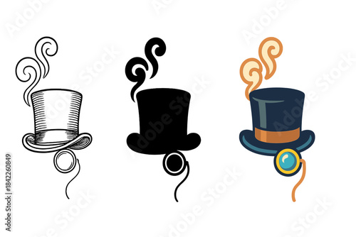 Stylish Vintage Accessories. Vintage top hat, swirling steam, monocle, first in line style with thin outline, second in solid