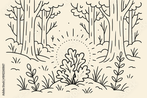 Luminous Lichen in Forest. Forest scene with small lichen cluster glowing subtly to represent active biological alliance, first in