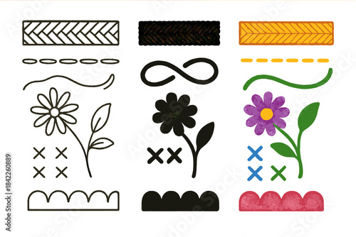 Period Stitch Sampler. Stitch sampler showing various period-accurate techniques on linen swatch, first in line style with thin