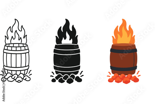 Barrel Styles with Fire. Wooden barrel, fire marks, glowing coals, first in line style with thin outline, second in solid style