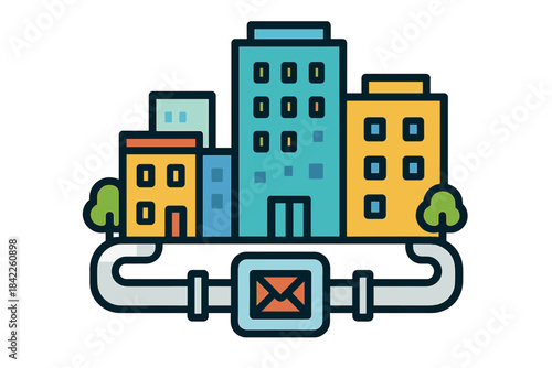 Pneumatic Cityscape Icon. Flat style icon of a cityscape with visible pneumatic tube network, bright colors, representing