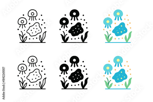 Luminous Microplastic Ecosystem. Microplastics forming a small ecosystem with luminous symbiotic organisms, simple minimal vector