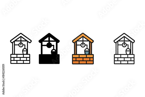 Water Well Designs. Water well with bucket and pulley system, clean geometric minimal icon, first in line style with thin outline,