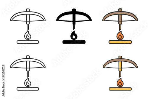 Friction Fire Drill Icons. Traditional friction fire drill setup with bow and glowing ember, abstract minimalist vector icon,