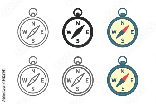 Stylized Compass Designs. Basic hand-held compass with circular frame and directional markers, simple minimal vector design, first