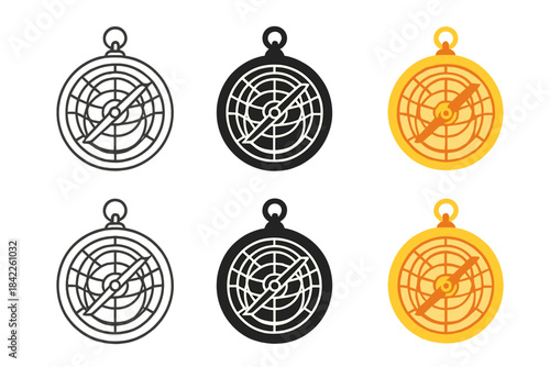 Astrolabe Design Variations. Astrolabe with engraved circles and pointer, abstract minimal vector design, first in line style with