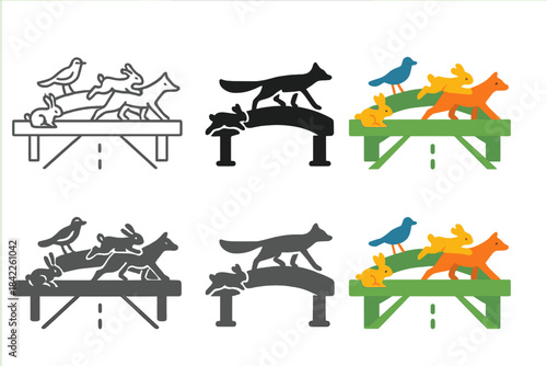 Wildlife Path Harmony. Elevated wildlife path with birds, foxes, and rabbits moving safely, abstract minimal vector design, first