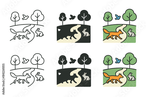 Whimsical Wildlife Pathways. Connected city park pathway with foxes, birds, and rabbits safely traversing, simple minimalist