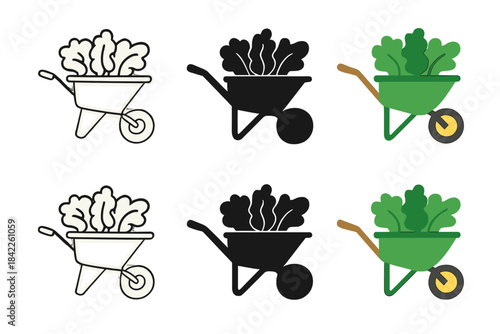 Wheelbarrow Vegetables Art. Garden wheelbarrow with leafy vegetables spilling over the sides, abstract minimal vector design,