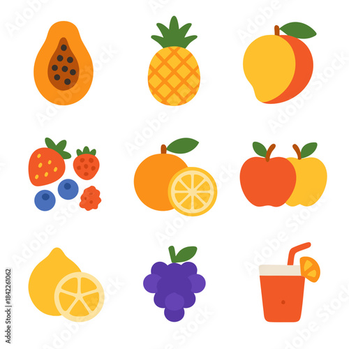Fruit icons and juice ideal for food websites, beverage companies, recipe books, and healthy living blogs. Vibrant and enticing.