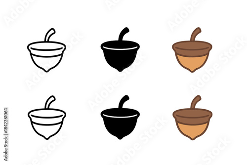 Acorn Cap Icons. Acorn cap used as miniature vessel with delicate rim, simple minimal vector icon, first in line style with thin