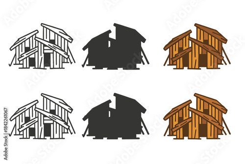 Rustic Wooden Shelters. Cluster of rustic wooden shelters made from reclaimed timber, abstract minimal vector design, first in