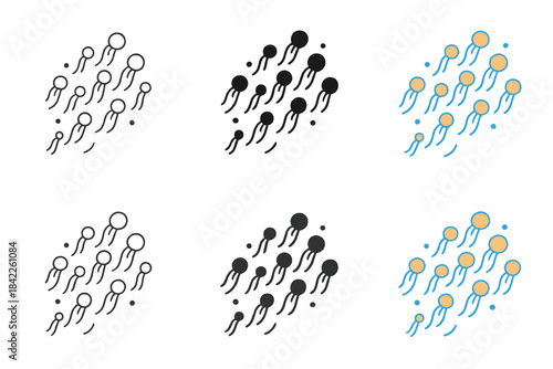 Zooplankton Art Styles. Flowing bloom of zooplankton with varying densities and radiant trails, clean minimal vector icon, first