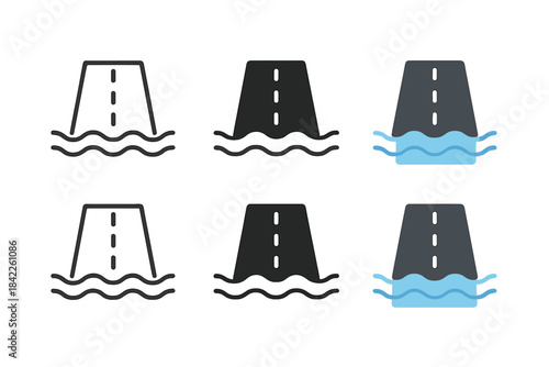 Road Over Water. Part of road barely above water with gentle waves, simple minimal vector icon, first in line style with thin